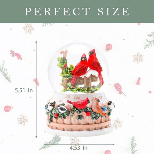 Bdor Christmas Cardinal Snow Globe - LED Lights & Music | 4.53" x 4.53" x 5.51" | 2 Modes: Color Changing & Warm Glow