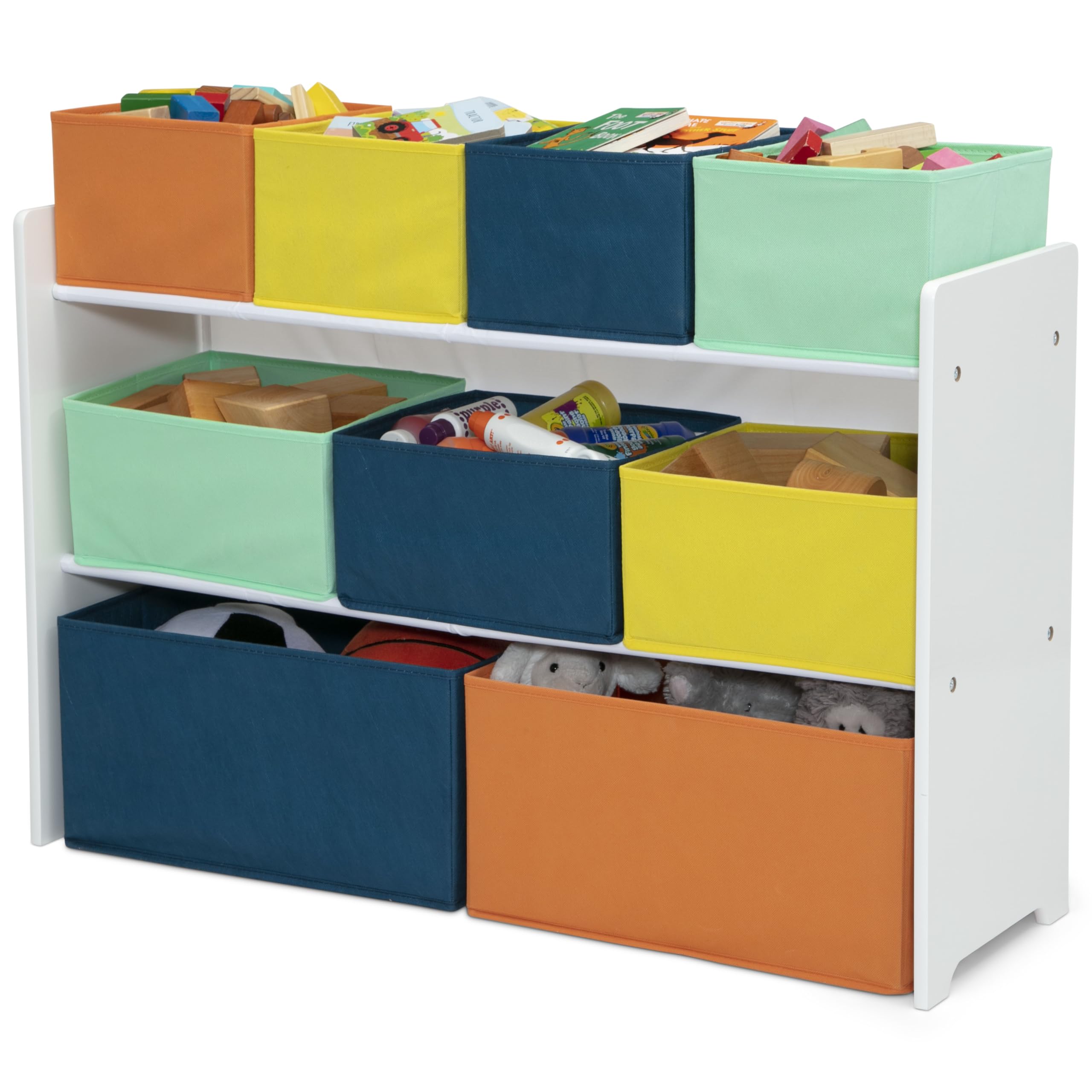 Delta Children Deluxe Multi-Bin Toy Organizer with Storage Bins - Greenguard Gold Certified, White with Navy/Green/Pastel Bins