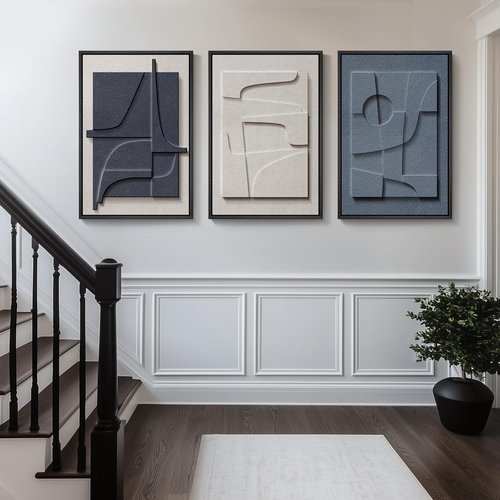 Framed 3D Textured Blue & White Abstract Wall Art by [Brand Name] | Modern 3-Piece Geometric Decor 20x30 In