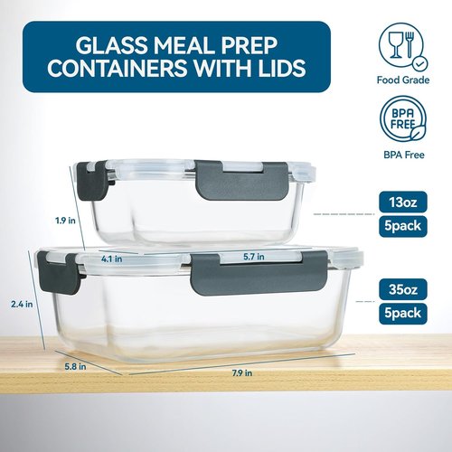 BAYZZ Glass Meal Prep Containers - 10 Pack Airtight Food Storage with Lids | Microwave, Oven, Freezer Safe
