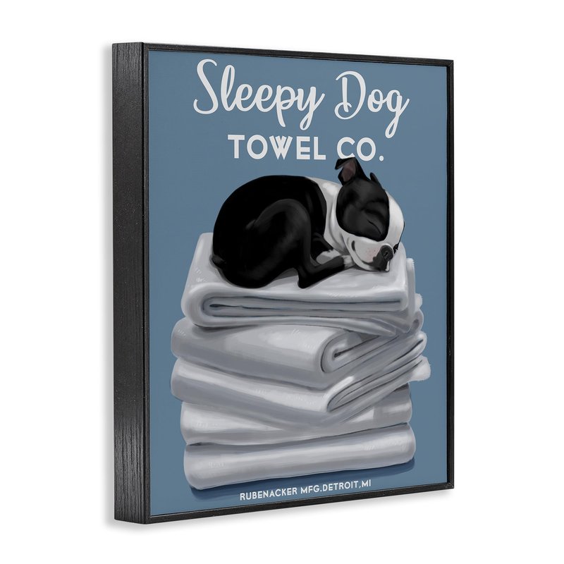 Stupell Industries Sleepy Dog Towel Co. Adorable Boston Terrier Bathroom, Design by Brian Rubenacker Black Framed Wall Art, 16 x 20, Blue