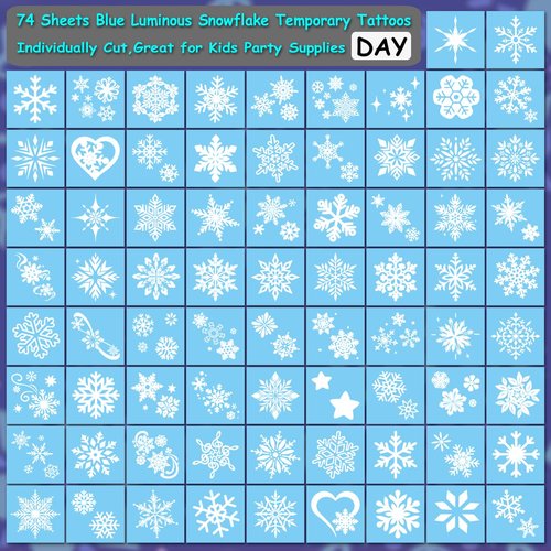 CHARLENT Blue Luminous Snowflake Temporary Tattoos - 74 Sheets of Winter Party Designs for Kids & Adults