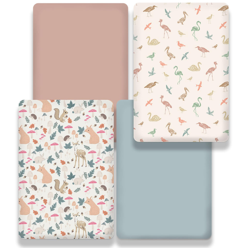 Bimocosy Pack and Play Sheets Fitted 4 Pack, 38 x 26 Inch Pack n Play Mini Crib Sheets for Boys and Girls, Soft Stretchy Playard Mattress Sheets for Graco Pack n Play, Forest Friends