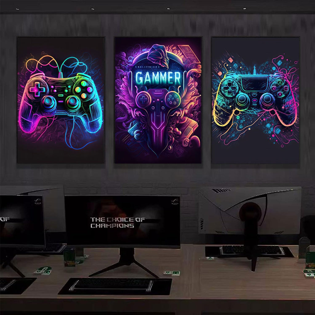 Riveda Gaming Wall Art - Colorful Neon Gamepad Canvas Prints for Boys' Room | Unframed 16"x24" (3pcs)
