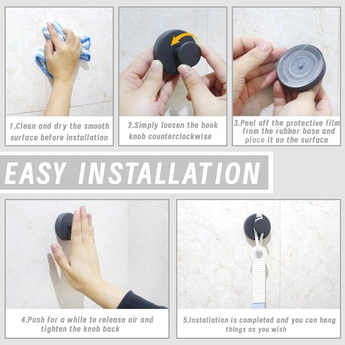 Benvo Suction Cup Hooks - No Drill Stainless Steel Hanging Hooks for Bathroom & Kitchen | 2 Pack, Gray