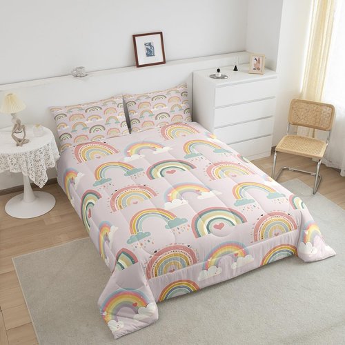 Manfei Girly Rainbow Comforter Set Twin Size, Cute Cloud Heart Bedding Set 2pcs, Cartoon Style Down Comforter for All Season, Kids Boy Girls Room Decor, Lightweight Duvet Insert, 1 Pillowcase