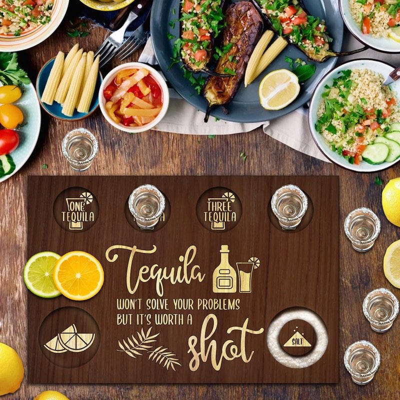 Tequila Shot Board Set With 6pcs Shot Glass Tequila Gifts, 7.8x11.8 Inch Wooden Serving Tray with Salt Rim, Shots Glass Holder for Restaurant Family, Fun Bar Party Housewarming Gifts