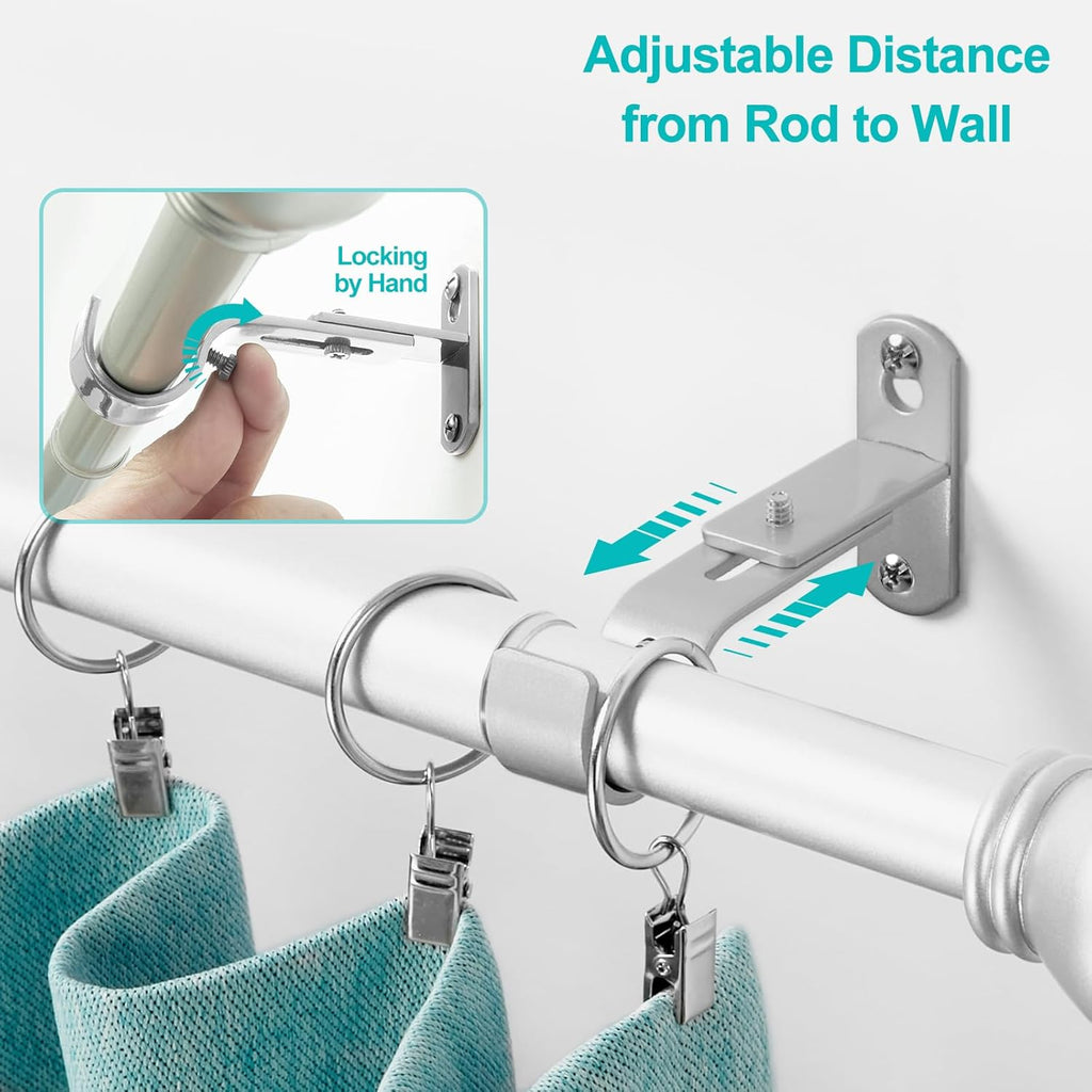 Skiennix Adjustable Curtain Rod Brackets - Metal Drapery Rod Holders for 1 Inch Rods | Satin Silver, Set of 2