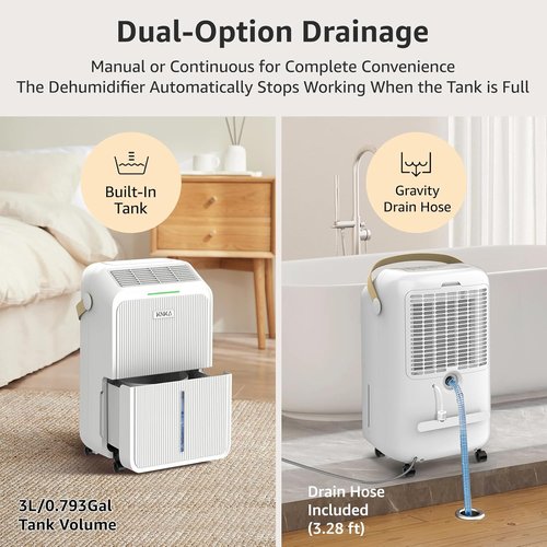 KNKA Dehumidifier - 2500 Sq.Ft Capacity with Drain Hose & Intelligent Humidity Control | 34 Pints, Three Modes