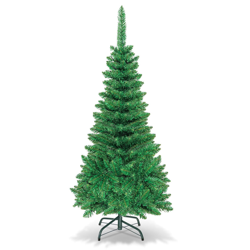 DORTALA Pre-lit Christmas Tree, 4.5FT Pencil Artificial Xmas Tree with 226 Branch Tips, 150 LED Lights, Folding Metal Stand, Green