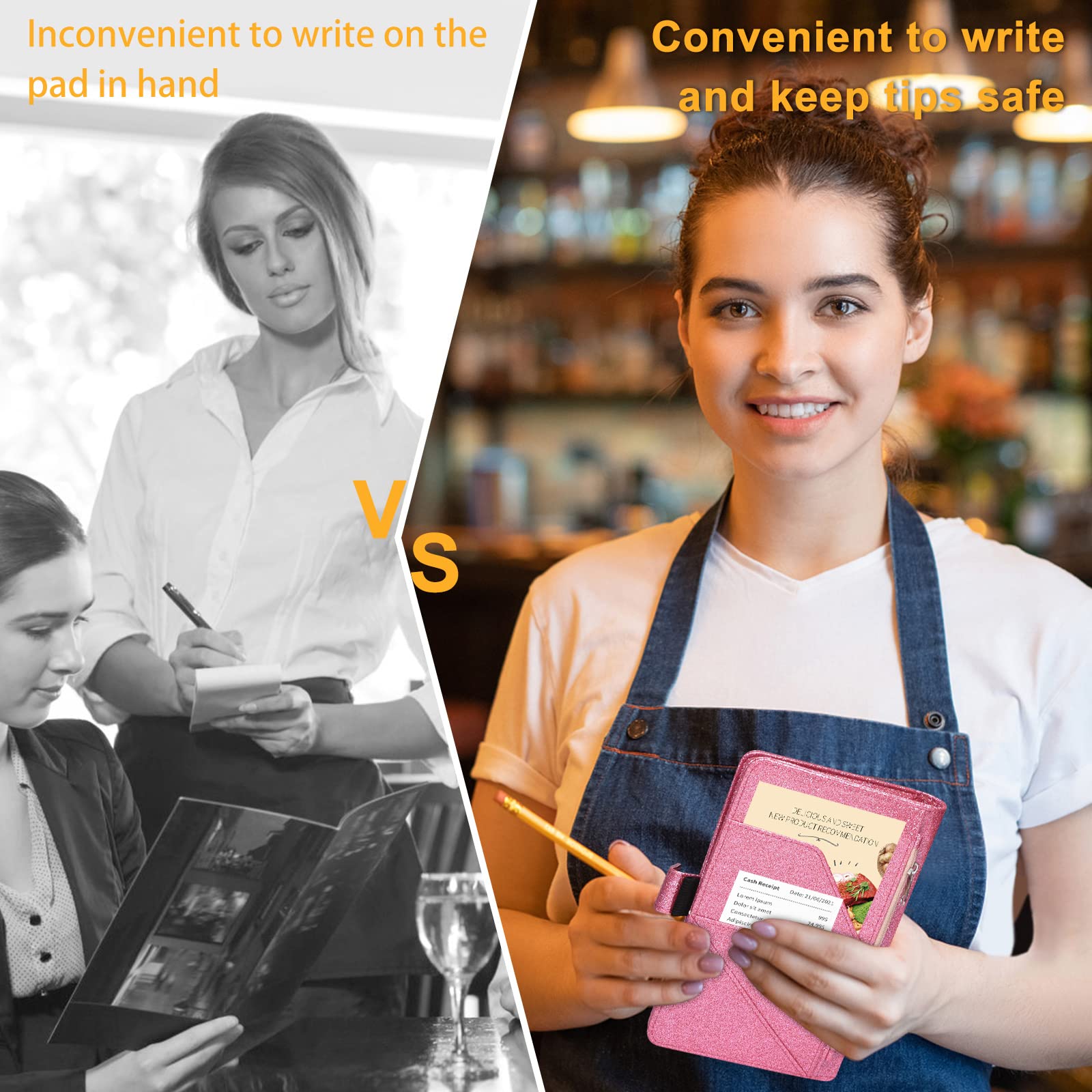 JKhandy Server Book for Waitress - Leather Waiter Book Server Wallet with Zipper Pocket, Cute Serving Book&Server Note Pads Holder with Magnetic Closure, Glitter Pink