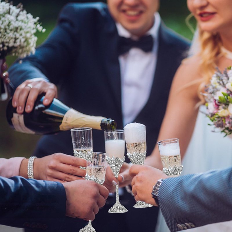 Popgege Wedding Champagne Flutes Set of 2 - Metal Base With Crystal Stones, Glasses for Bride and Groom, Engagement Gifts, Party, Anniversary, Christmas - 7oz