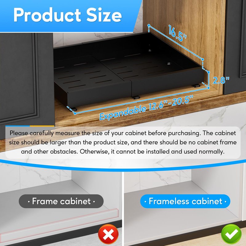 Pull Out Cabinet Organizer,Expandable(12.5"-20.6"W) Heavy Duty Slide Out Drawers Fixed with Adhesive Nano Film No Drill,Roll Out Cabinet Drawers for Kitchen,Bathroom,Pantry,16.5" Deep Black 2PC