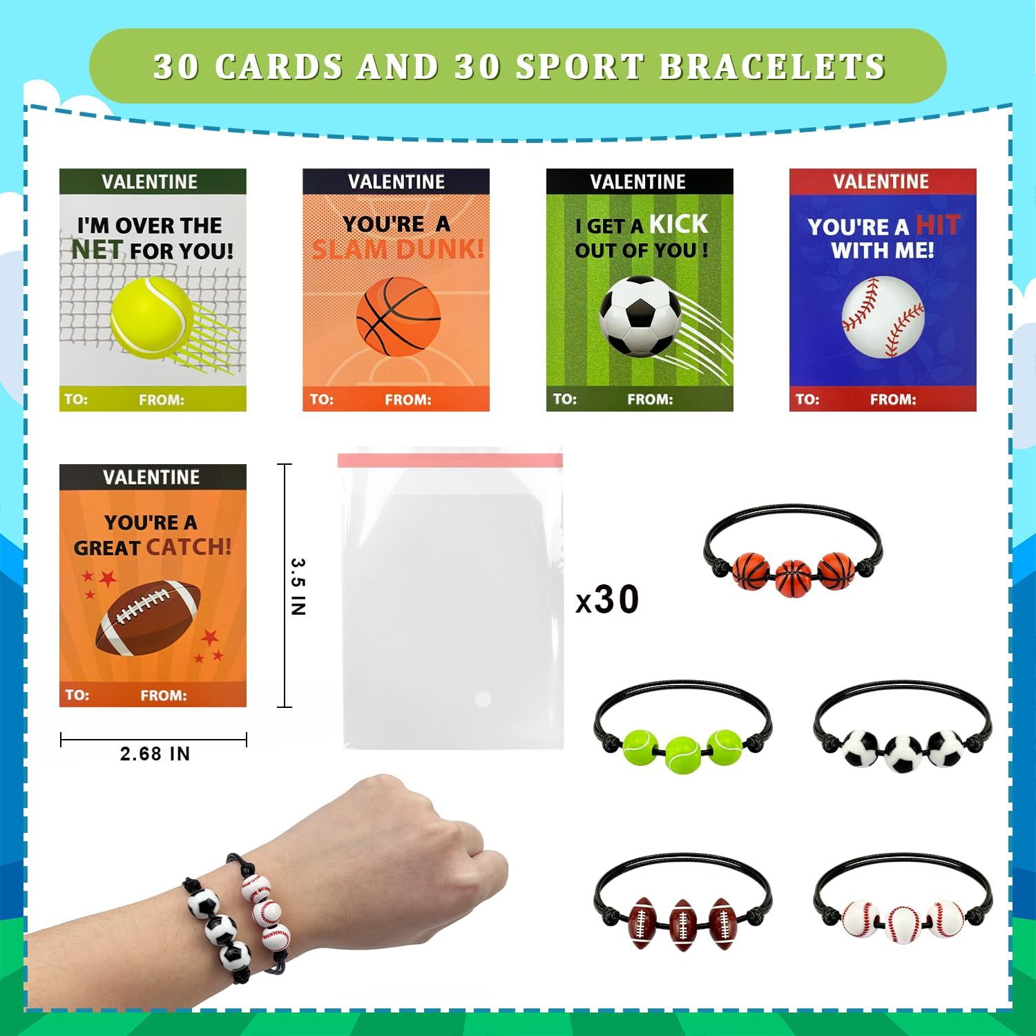 Skiennix Sports Valentine's Day Gift Cards - 30 Pack Adjustable Bracelets for Kids | Non-Candy Treats & Party Favors