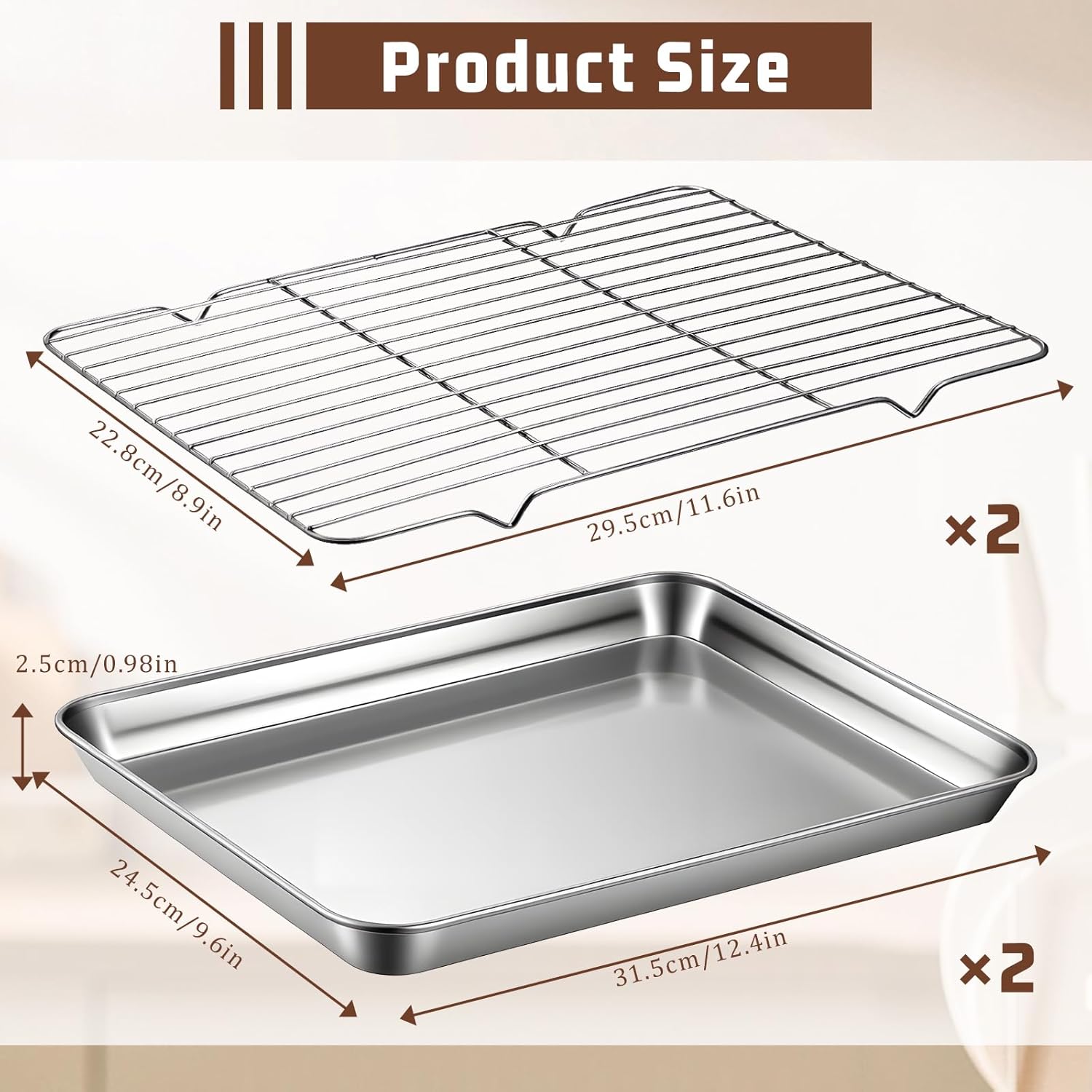 Stainless Steel Baking Sheet Set by [Brand Name] - 2 Pans & Racks, Rust-Free, Nonstick | 12.4 x 9.6 x 1.2 Inch