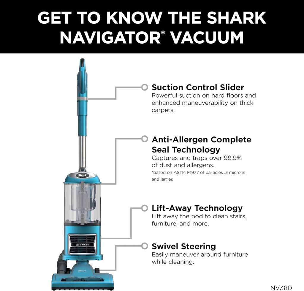 Shark NV380 Navigator Lift-Away Deluxe Vacuum - Large Dust Cup, Swivel Steering, Upholstery Tool | Blue (Renewed)