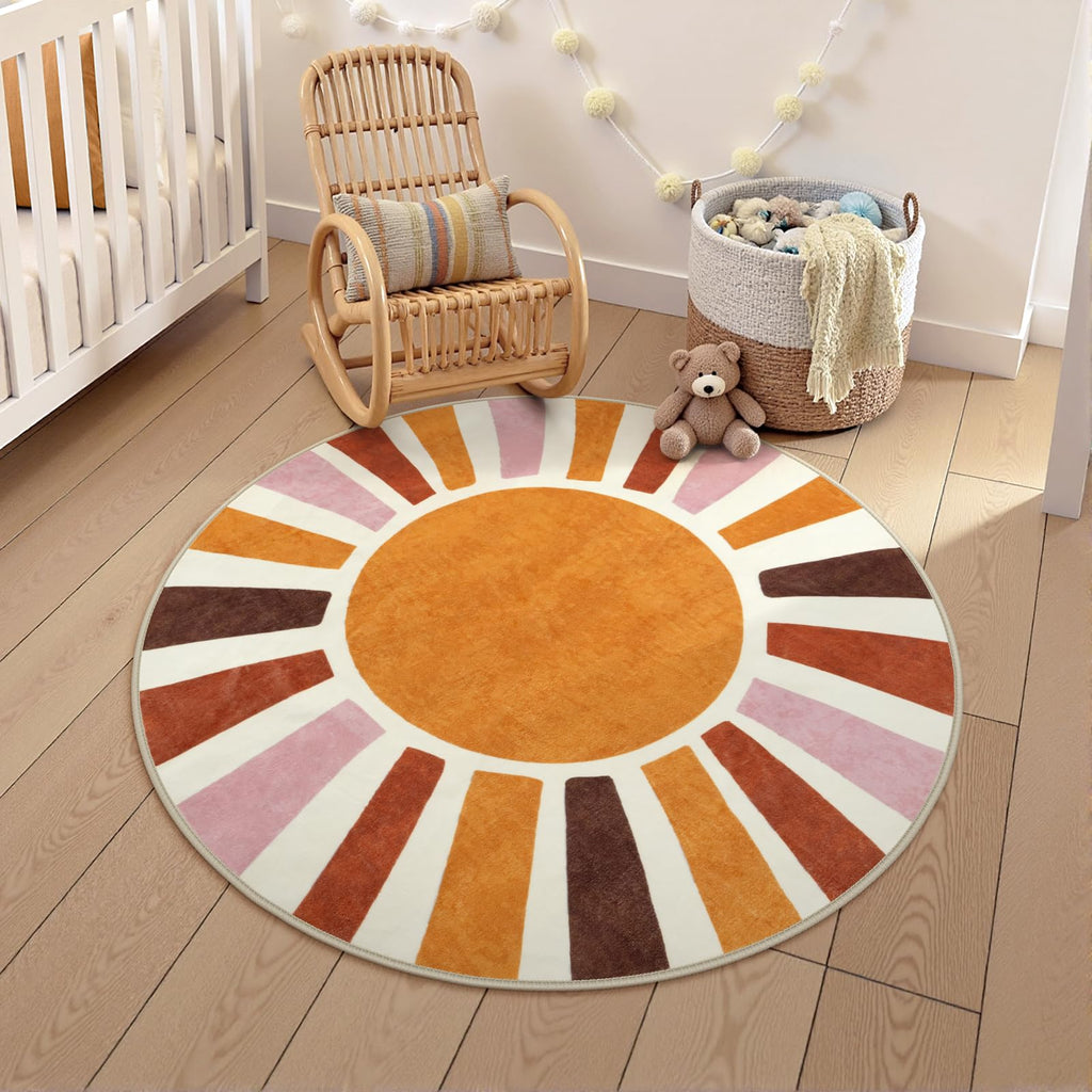 LIVEBOX Boho Nursery Rug Round 4ft Sun Rainbow Rug for Girls Bedroom, Soft Retro Colorful Circular Rugs for Kids Room, Non-Slip Circle Cute Washable Rugs for Living Room Classroom Play Room