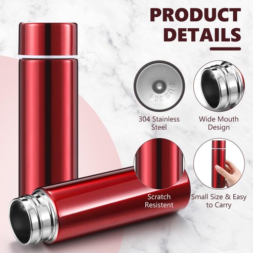 Vesici Mini Water Bottles 4.4 oz Cute Small Insulated Stainless Steel Purse Water Bottles Pocket Slim Flask Keeps Drink Cold and Hot for Women Lunch Bag Coffee(Red,4 Pack)