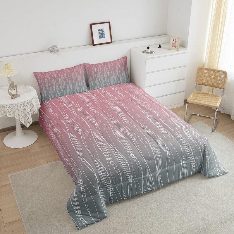 Erosebridal Pink Grey Girls Twin Comforter Set Kids Abstract Ombre Comforter Light Pink Gray Gradient Bedding Set Geometric Silver Striped Quilt Set Girly Sweet Bedroom Decor 2 Pcs
