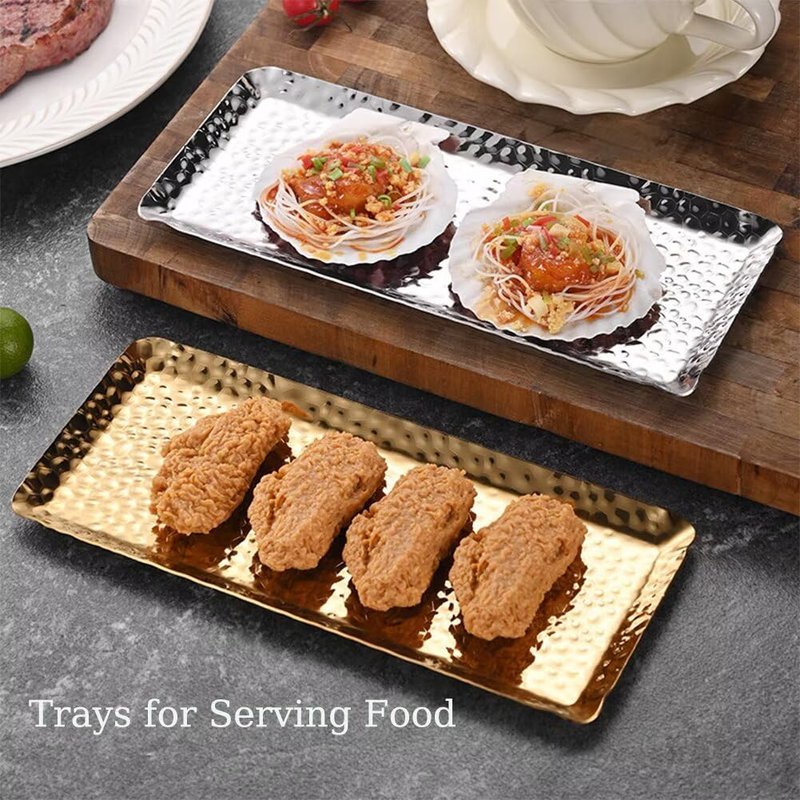 SEEK RARE Decorative Tray Stainless Steel Serving Trays Hammered Rectangular 9.8 x 4.3 Inch Dessert Plates Reusable Fruit Stand for Living Room Kitchen Gold