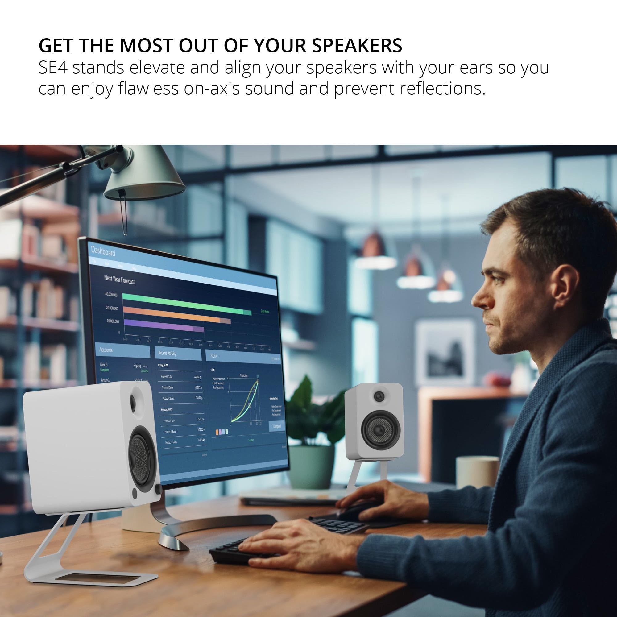 Kanto SE4 Elevated Desktop Speaker Stands for Medium Bookshelf Speakers & Mid-Size 3”-4” Studio Monitors | 5.6” Tall | Supports 9 lbs | Damping 2.0 mm Silicone Padding | ¼”-20 Mounting | Pair | White
