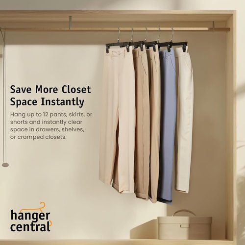Hanger Central 12 Inch Slim Pants Hangers - Heavy Duty Non-Slip Clips for Skirts & Shorts | Black 12 Pack