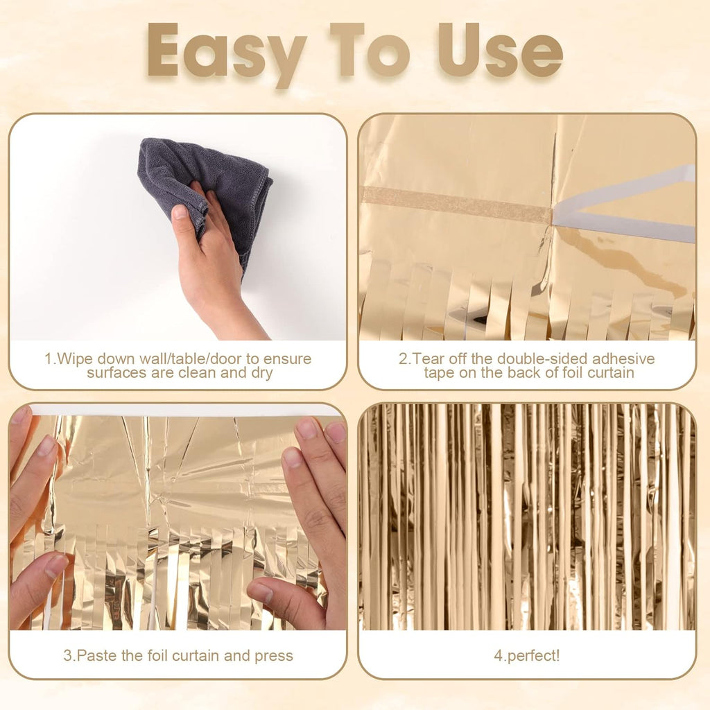 Voircoloria 4 Pack Champagne Foil Fringe Backdrop Curtains - Tinsel Streamers for Parties & Events