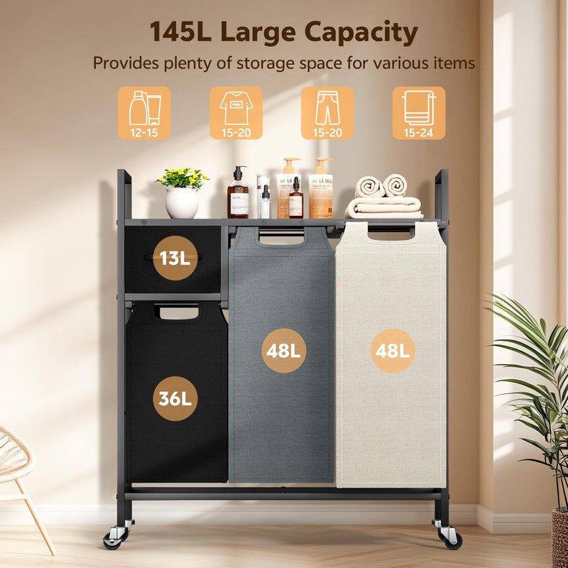 Laundry Hamper - Laundry sorter 3 Section 145L - Laundry Room Organization with 4 Pull-Out Drawers, Removable Oxford Bags, Lockable Wheels & Sturdy Shelf for Laundry Room, Bathroom, Bedroom