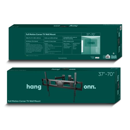 onn. Corner TV Wall Mount for 37" to 70" TV's, up to 90° Swivel and 10° Tilting