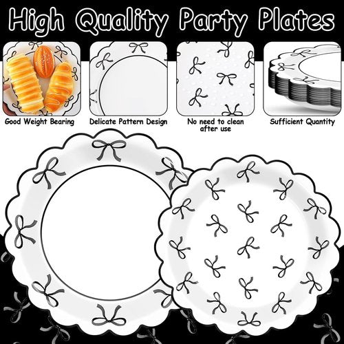 Bowtique 96-Piece Black & White Bow Party Decorations | Elegant Tableware for 24 Guests