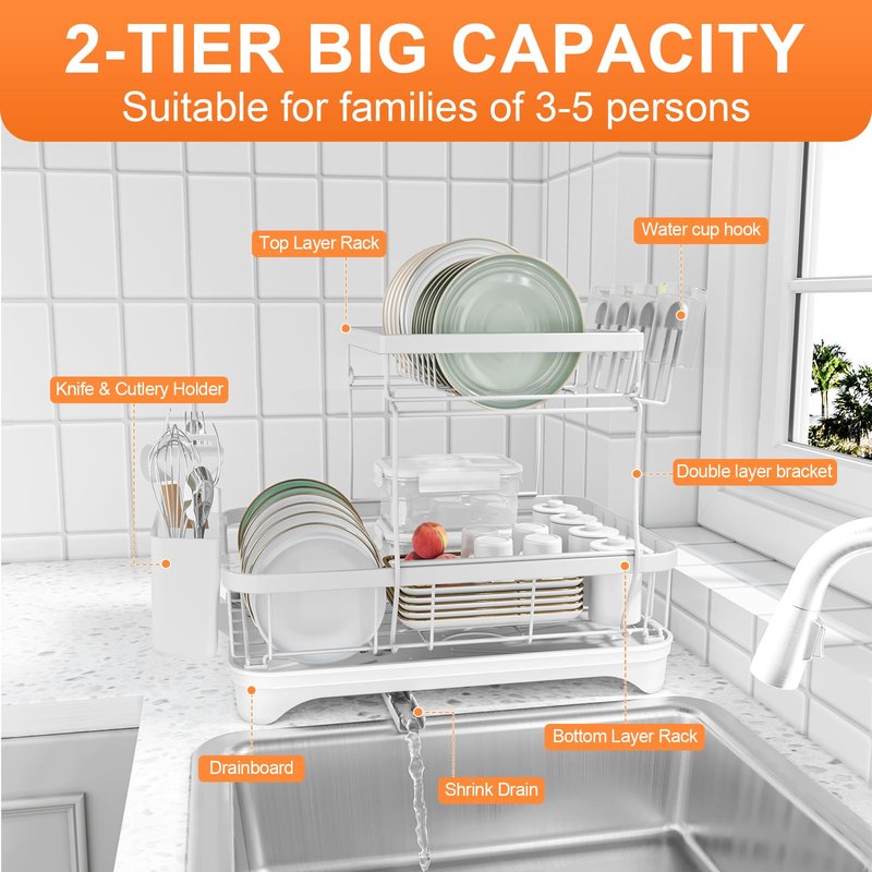 Dish Drying Rack - 304 Stainless Steel Dish Rack for Kitchen Counter , Adjustable Spout Auto-Draining Dish Rack, 2-Tier Kitchen Organizers and Storage Rack with Drainboard and Cutlery Holder White