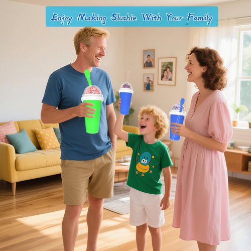 Jairuty 2PCS Slushie Maker Cup, Quick Frozen Magic Cups for Homemade Milk Shake Ice Cream Maker, Double Layer Squeeze Slushy Maker Cup, Birthday Gifts for Kids,Friends,Family (Blue+Green, 350ML)