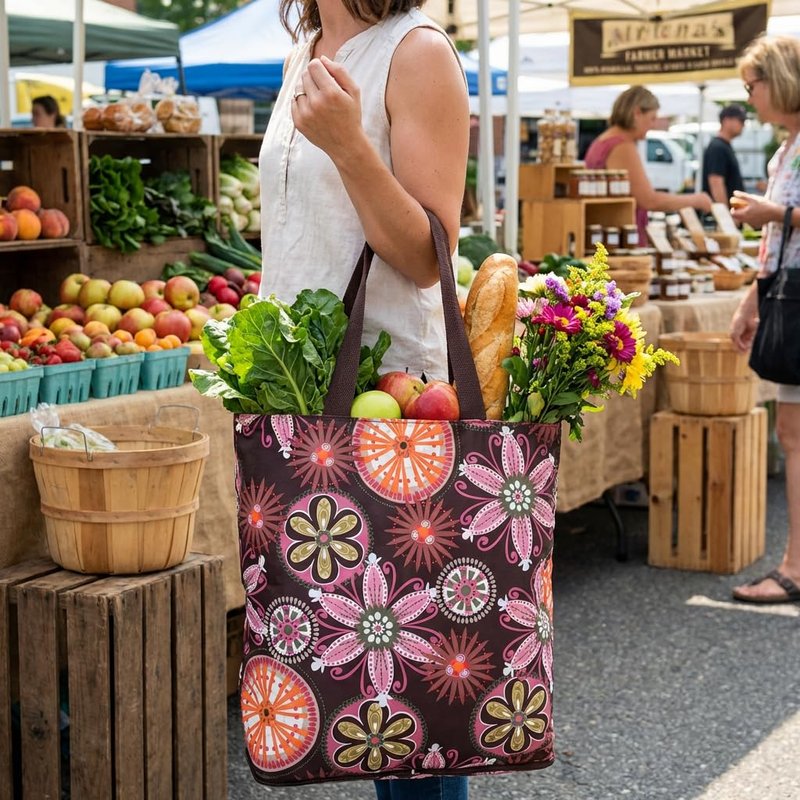 NC Large Foldable Waterproof Lightweight Durable Reusable Grocery Tote Bags, Sturdy Daily Shopping Tote Bag, Colorful Floral Style with Zipper Closure, 2 Pack