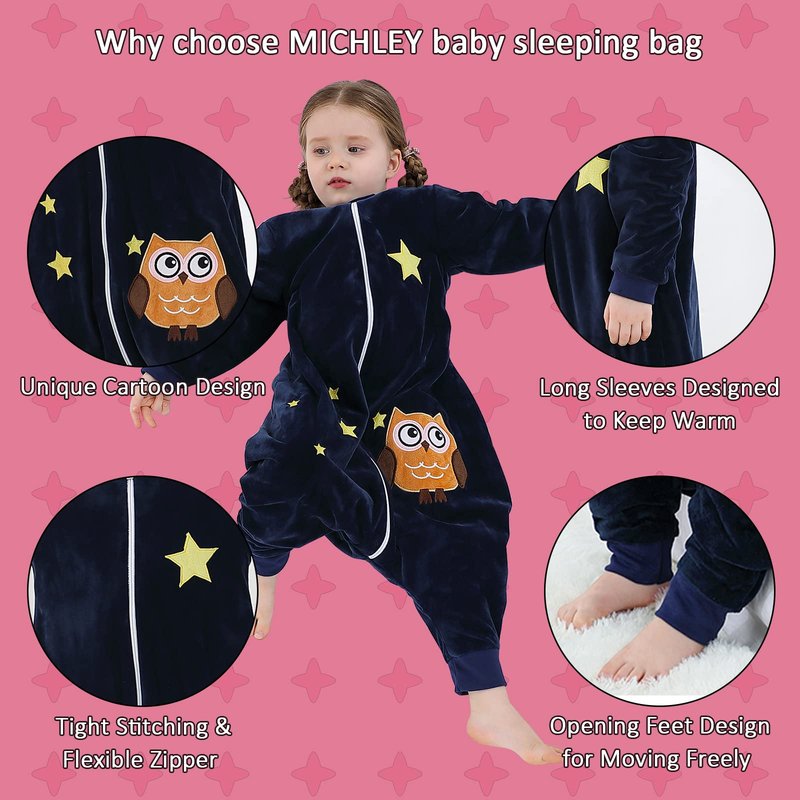MICHLEY Baby Sleeping Bag Sack Long Sleeve with Feet Winter Swaddle Wearable Blanket for Boys Girls,Owl,3-5Years