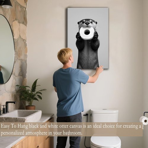 Funny Otter Wall Art by [Brand Name] - Humorous Black and White Canvas Print | Cute Otter with Toilet Paper, 12x16''