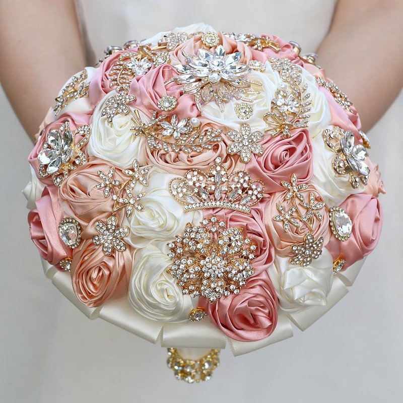 QingForBesty Handmade Satin Rose Floral Bling Pearl Decor Bridal Wedding Bouquet Rhinestone Pendant Artificial Brooch Flowers for Bride Bridesmaid Quinceanera