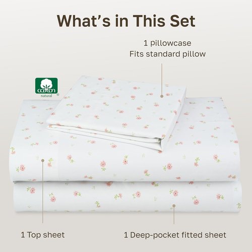 California Design Den Twin Bed Sheets Set - 100% Cotton, 400 Thread Count, Smooth Sateen Finish, Floral Design