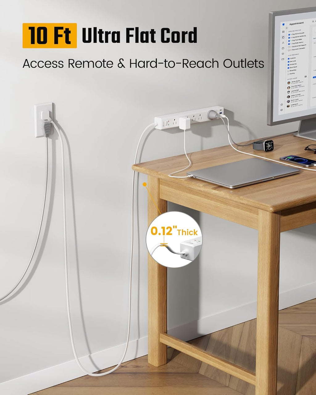SUPERDANNY 10Ft Extension Cord - Flat Plug Surge Protector with 6 Outlets & 3 USB Ports | Ideal for Home Office & Dorm Room Essentials