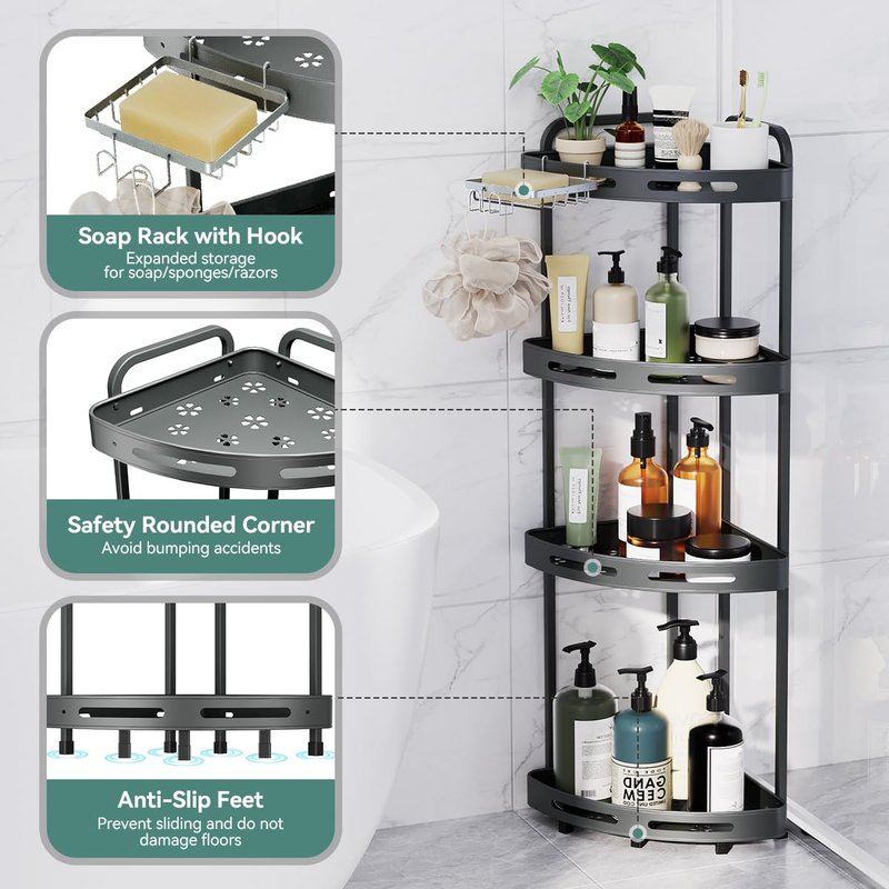 Binecer Corner Shower Caddy Stand, 4 Tier Standing Shower Organizer with Soap Holder, Rustproof Shower Shelves for Bathroom Shampoo Storage, Grey