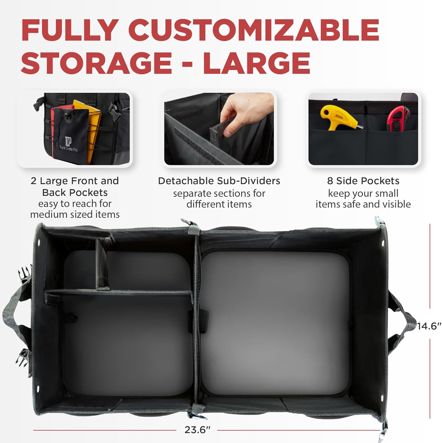 TRUNKCRATEPRO Car Trunk Organizer - Premium Adjustable Multi-Compartment Design | Large Black with Non-Slip Bottom