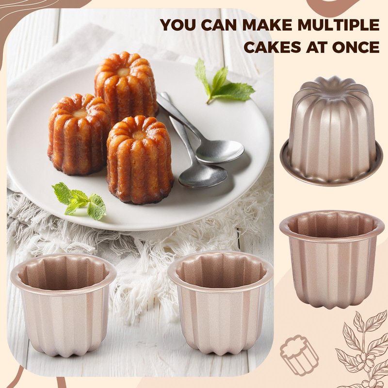 Blushtier 6 Pcs Canele Mold Cake Pan Non Stick small Copper Color Canele Molds Muffin Bakeware Cupcake Pan 2.8 Inch Carbon Steel Pastry Mould Mini Cupcake Holders DIY Cake Muffin Oven Baking Tool