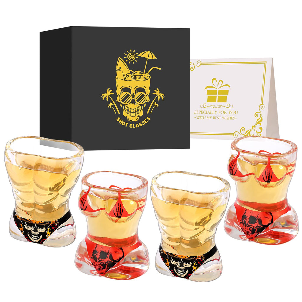 Muscle Man & Bikini Glass Shot Glasses, Personality Skull Design, 30ml Heavy Base Shot Cups Set of 4 with Gift Box for Alcohol Shots, Vodka, Expresso, Tequila & Dessertsor Birthday Christmas Gift