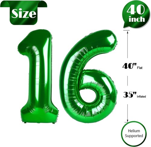 Green Number 16 Balloon - 40 Inch 16th Birthday Decorations for Men & Women | St. Patrick's Day Party Supplies