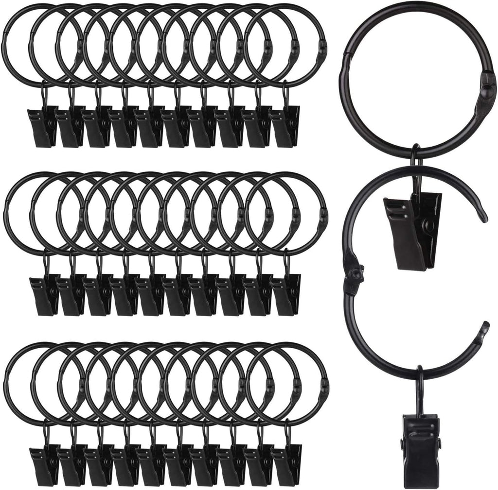 SPLF Metal Curtain Rings - 36 Pack Heavy-Duty Rustproof Clips | 1.22 Inch Interior Diameter, Black