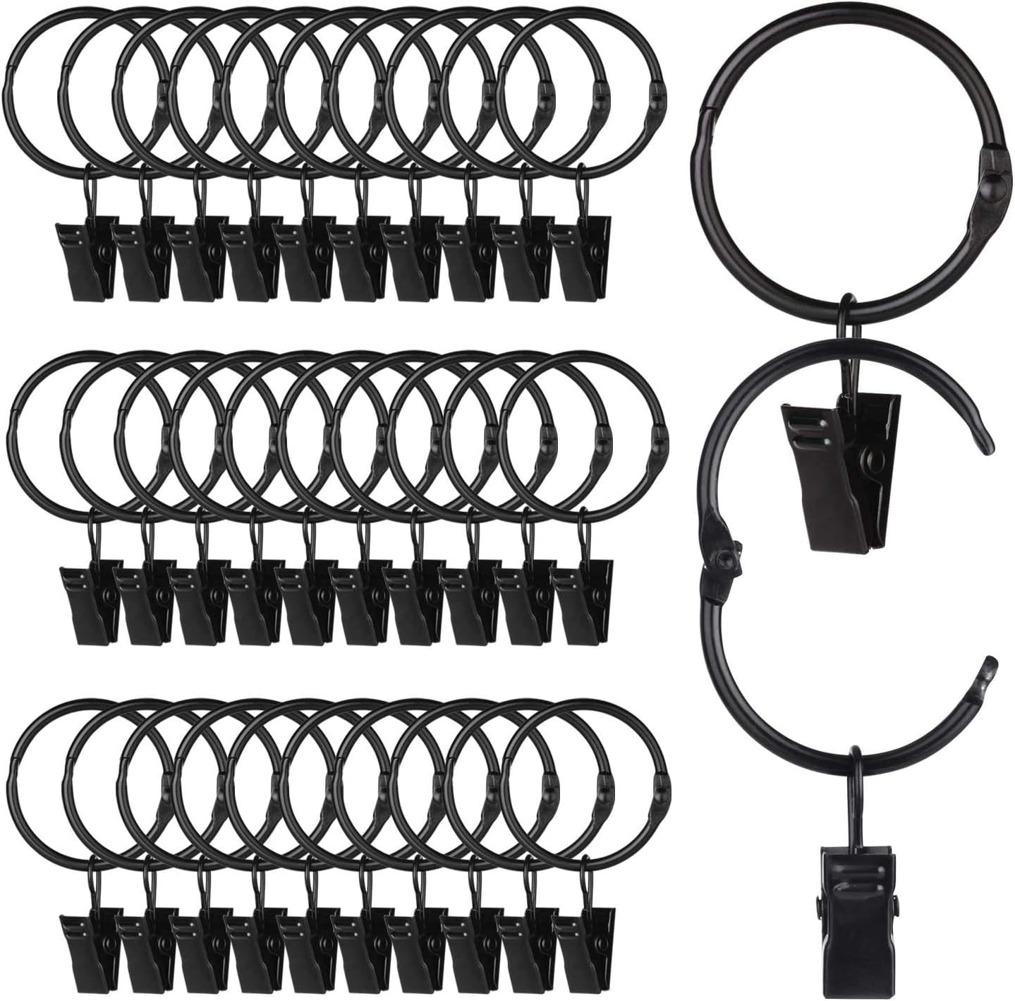 SPLF Metal Curtain Rings - 36 Pack Heavy-Duty Rustproof Clips | 1.22 Inch Interior Diameter, Black