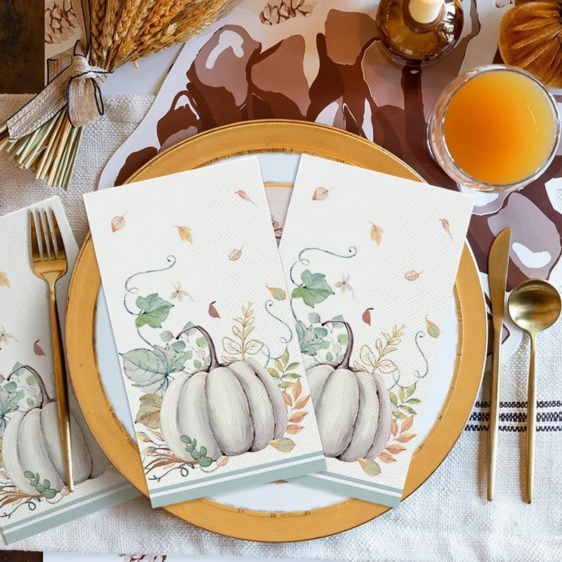 Horaldaily 100 Fall Disposable Paper Decorative Guest Napkins, Thanksgiving Leaf White Pumpkin Hand Towel for Lunch Dinner Kitchen Party Bathroom