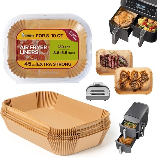 Katbite Air Fryer Liners - 130PCS Thick Disposable Rectangle Parchment Paper, 8.6x5.5'' for Dual Air Fryers