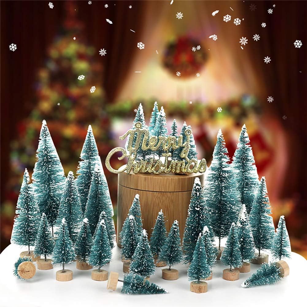 Skiennix Artificial Mini Sisal Christmas Trees - Snow Frosted with Wooden Bases | 20 Pcs in Blue-Green