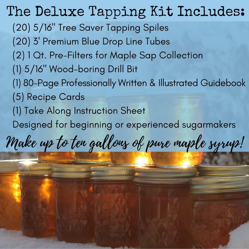 Deluxe Maple Syrup Tree Tapping Kit –(20) Taps +(20) 3-Foot Tubes +(2) 1-Quart Sap Filters –Dark Blue Premium Food Grade Tubing - Recipe Cards, Drill Bit, 80 Page Guide to Maple Tapping Book
