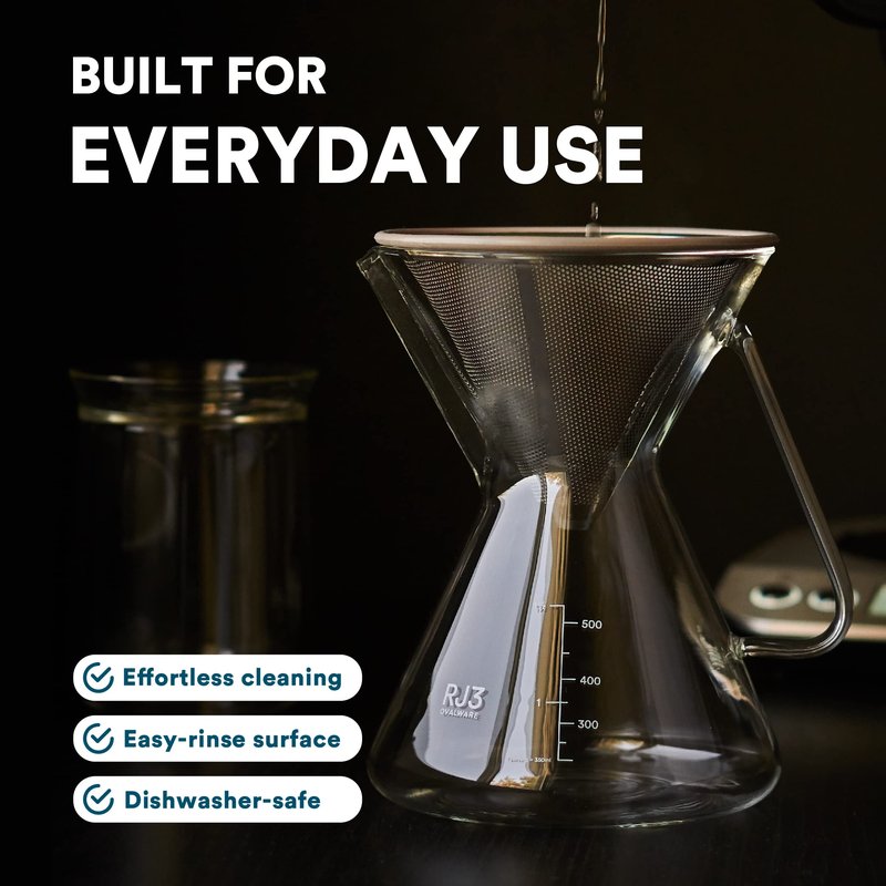 ovalware Pour Over Coffee Maker Set | 17oz / 0.5L Borosilicate Carafe with 304 Stainless Steel Filter and Precision Measuring Cup | Glass Coffee Dripper for Home Brewing